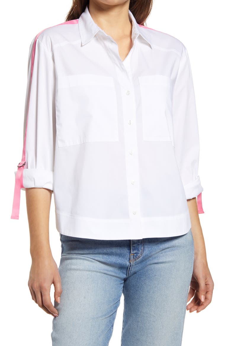 Sleeve Stripe Cotton Blend Poplin Blouse, Main, color, WHITE- PINK