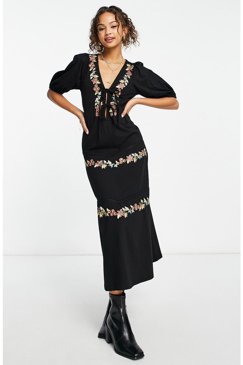 Floral Embroidered Cotton Midi Dress, Main, color, BLACK