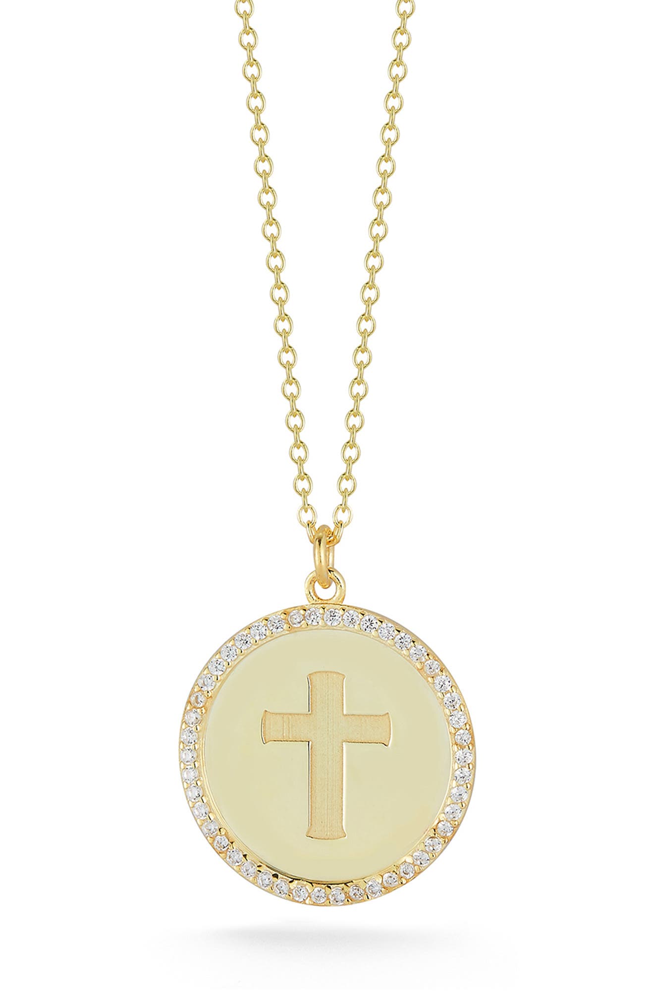 14K Gold Plated Cubic Zirconia Cross Medallion Pendant Necklace