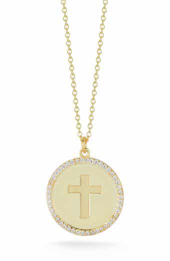 14K Gold Plated Cubic Zirconia Cross Medallion Pendant Necklace