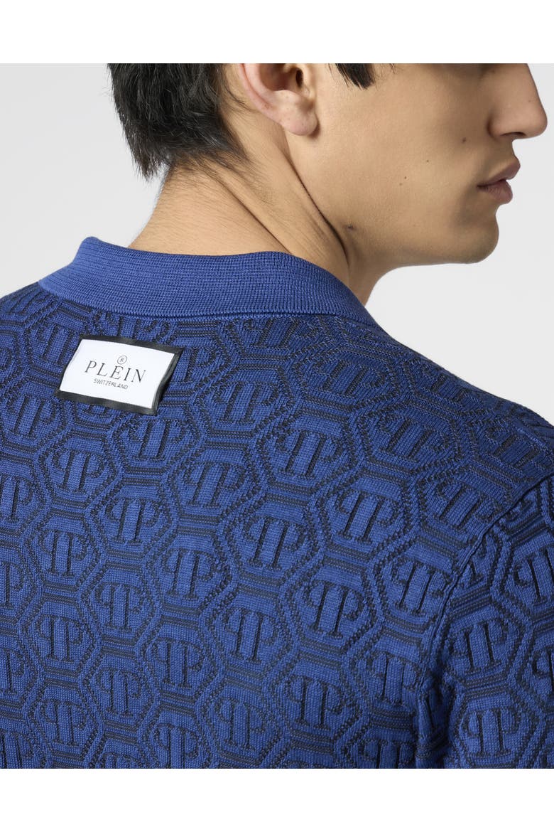Buttoned-Up Polo Shirt Jacquard Monogram Men, Alternate, color, navy