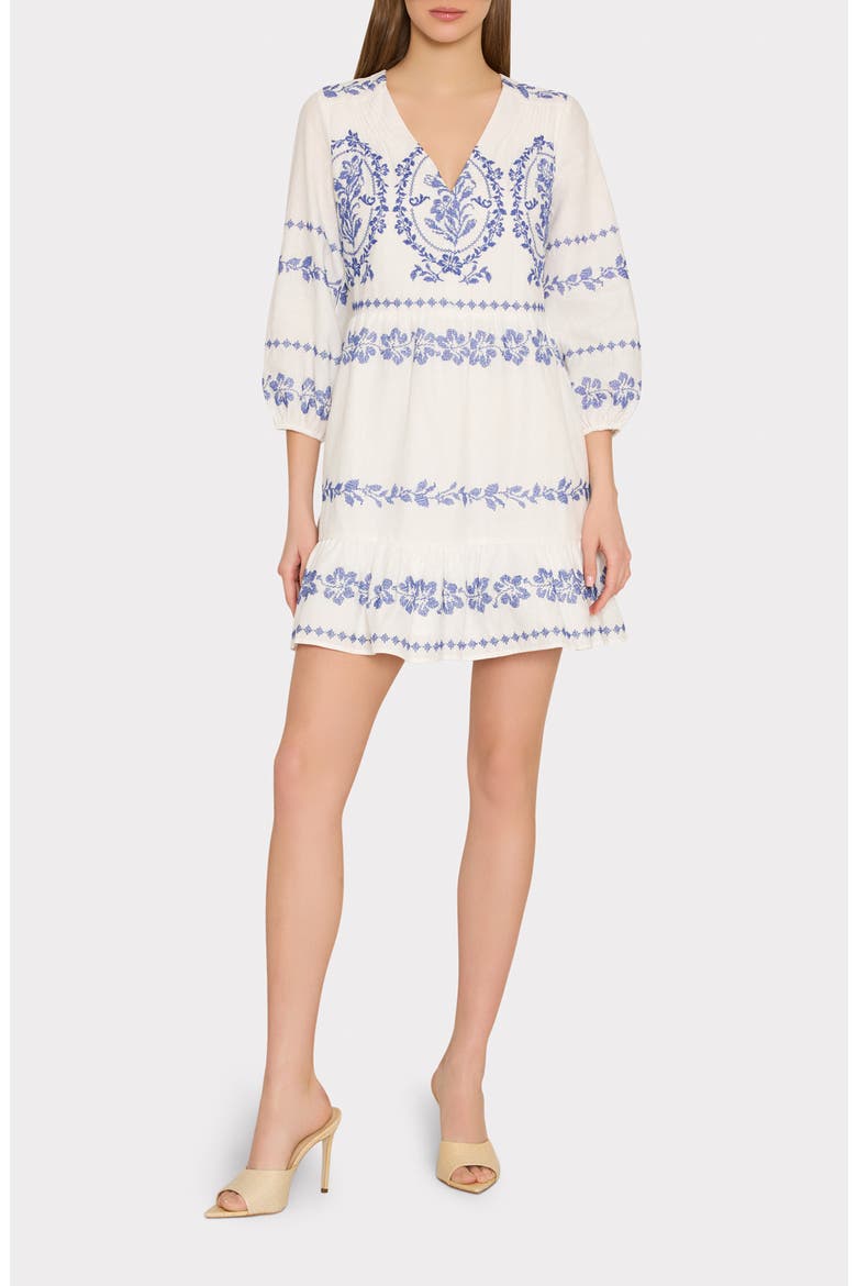 Lene Embroidered Linen & Cotton Minidress, Main, color, WHITE/ BLUE