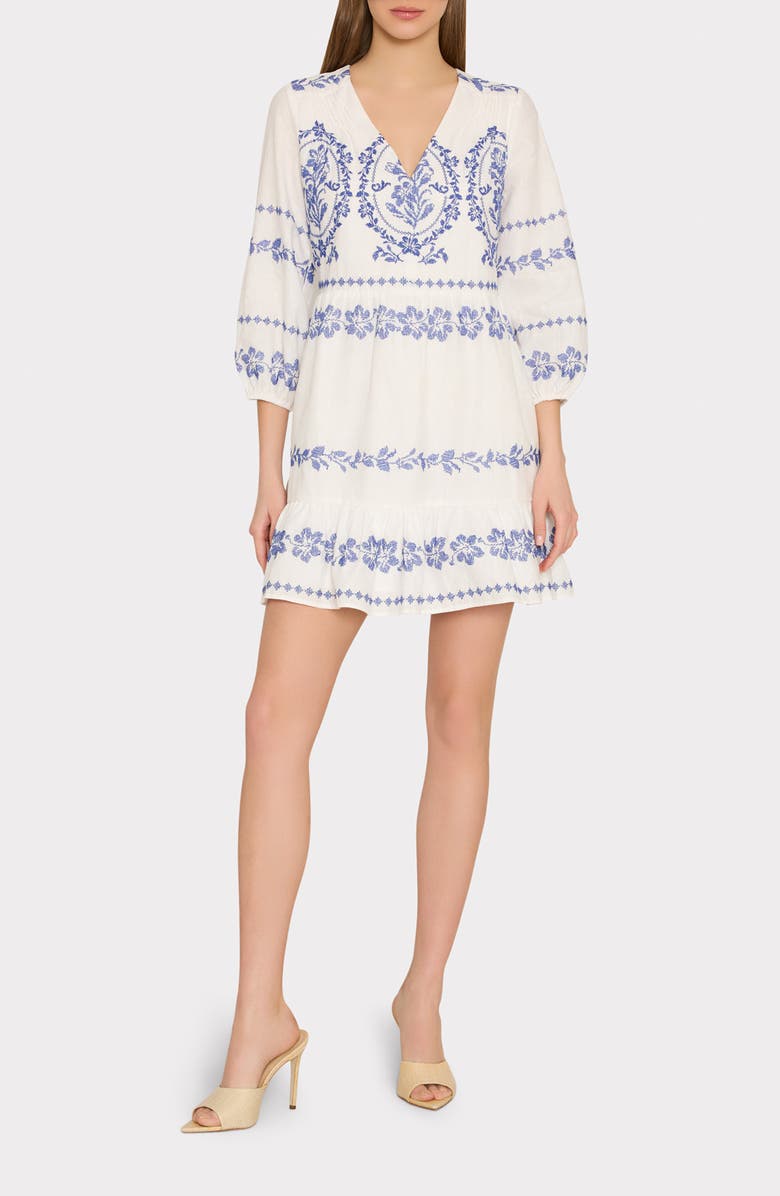 Milly Lene Embroidered Linen & Cotton Minidress, Main, color, White/ Blue