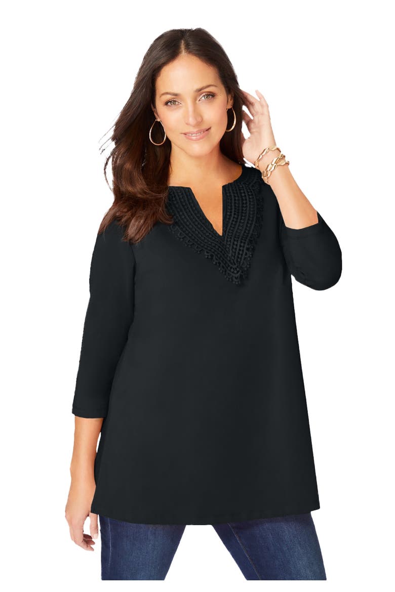 Stretch Cotton Crochet Notch Neck Tunic, Main, color, BLACK