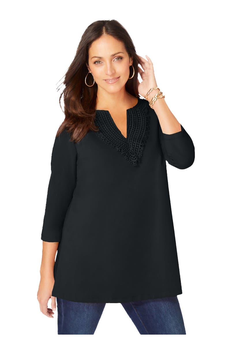 Jessica London Stretch Cotton Crochet Notch Neck Tunic, Main, color, Black