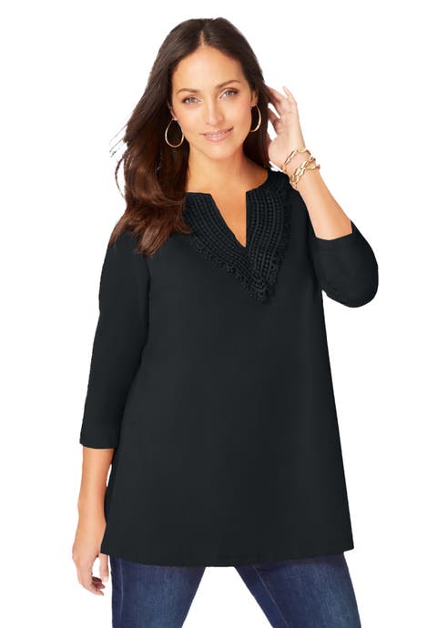 Stretch Cotton Crochet Notch Neck Tunic (Plus Available)
