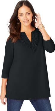 Jessica London Stretch Cotton Crochet Notch Neck Tunic