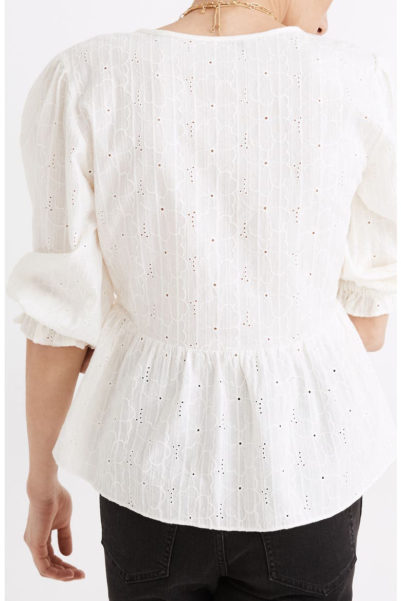 Embroidered Eyelet Puff Sleeve Peplum Wrap Top, Alternate, color, LIGHTHOUSE