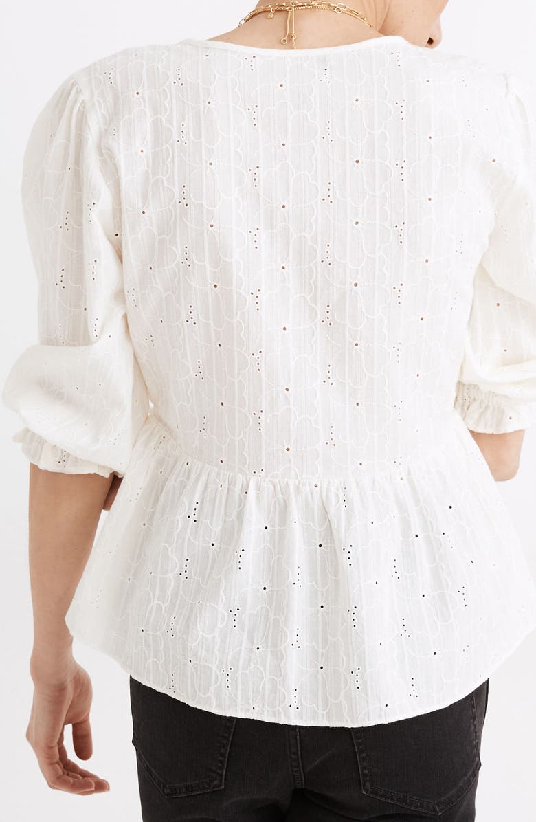Madewell Embroidered Eyelet Puff Sleeve Peplum Wrap Top, Alternate, color, 