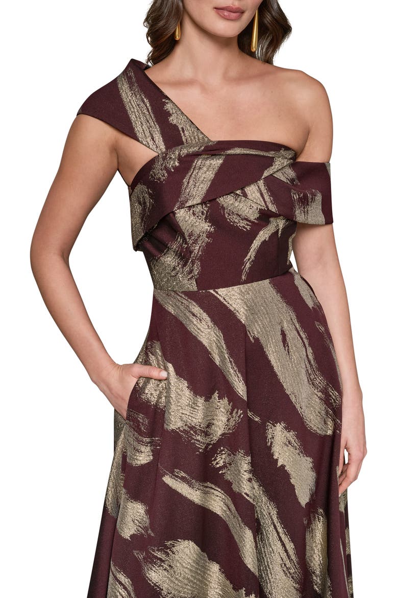Metallic Abstract Print One-Shoulder Gown, Alternate, color, PRUNE/ PALE