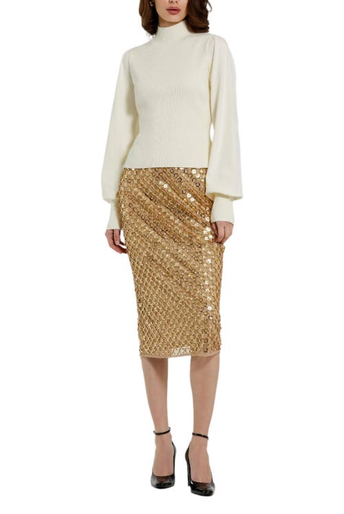 Mac Duggal Ribbed Knit Balloon Sleeve Turtle Neck Sweater In Ecru