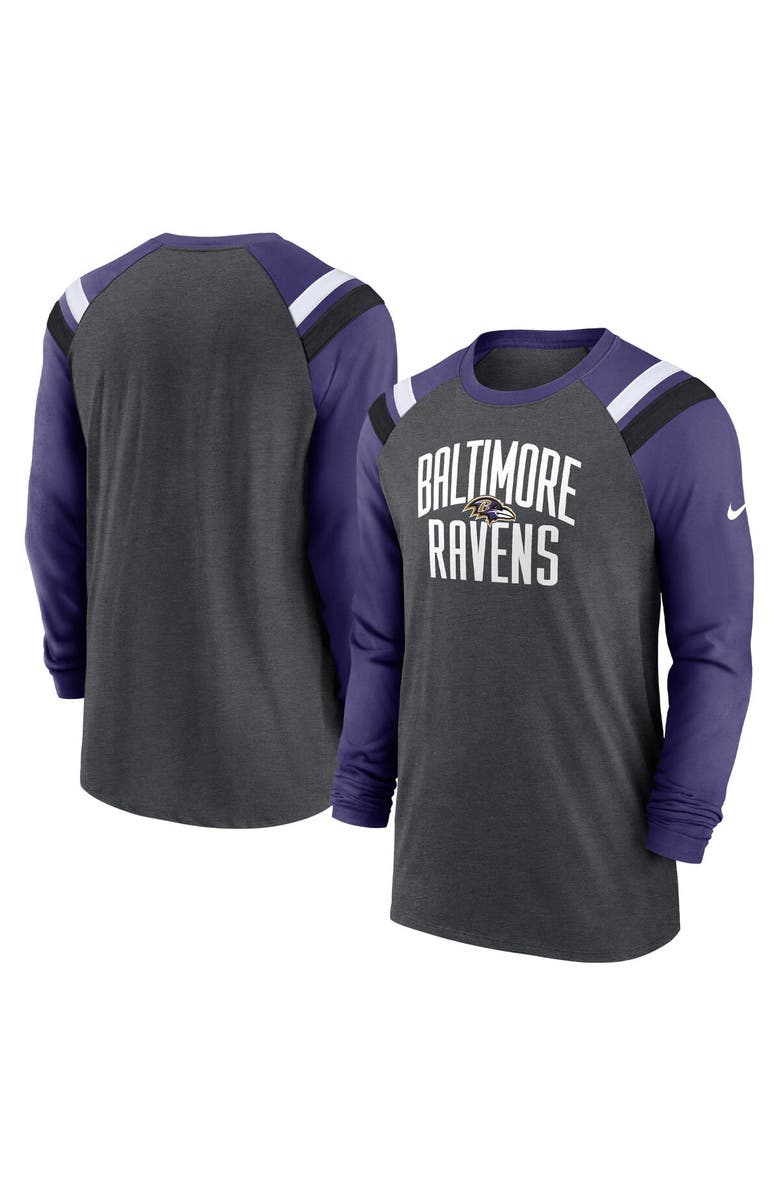 Nike Men's Nike Heathered Charcoal/Purple Baltimore Ravens Tri-Blend Raglan Athletic Long Sleeve Fashion T-Shirt, Main, color,