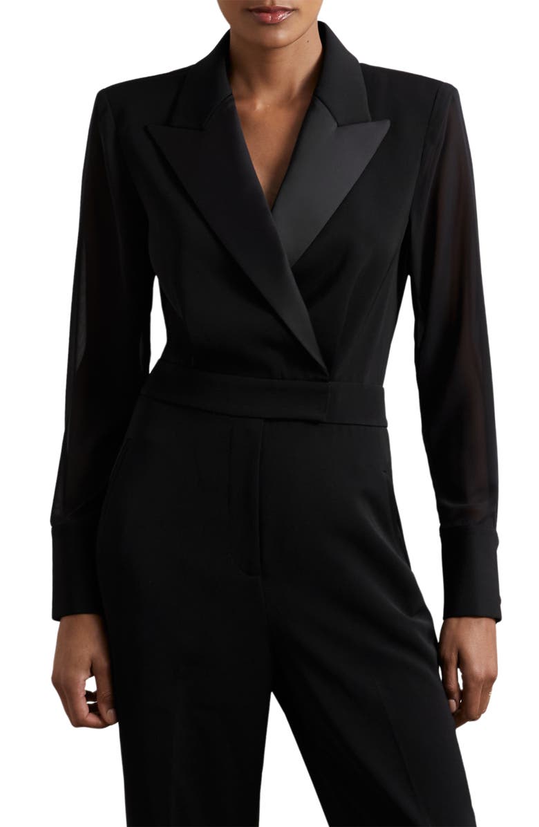 Reiss Perla Long Sleeve Tuxedo Jumpsuit, Alternate, color, Black