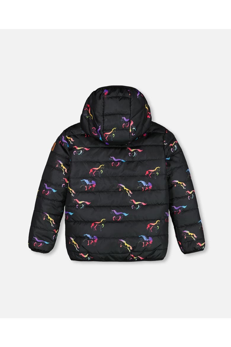 Baby Girl's Quilted Mid-Season Jacket Black Printed Multicolor Unicorns, Alternate, color, Black Printed Unicorns