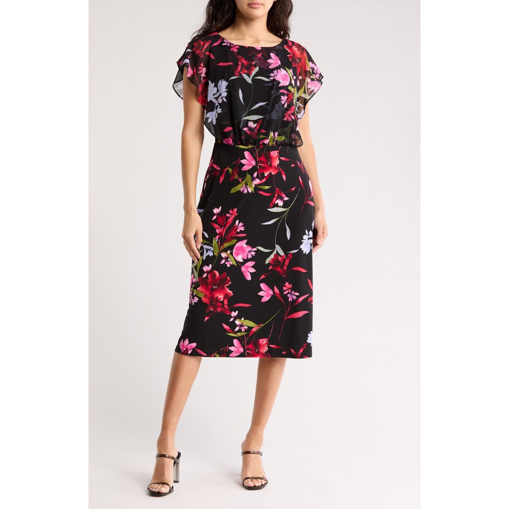 Connected Apparel Chiffon Overlay Midi Dress In Red