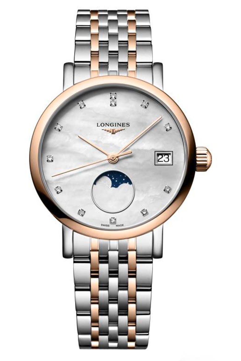 Elegant Collection Diamond Moonphase Bracelet Watch, 30mm, Main, color, WHITE MOTHER-OF-PEARL