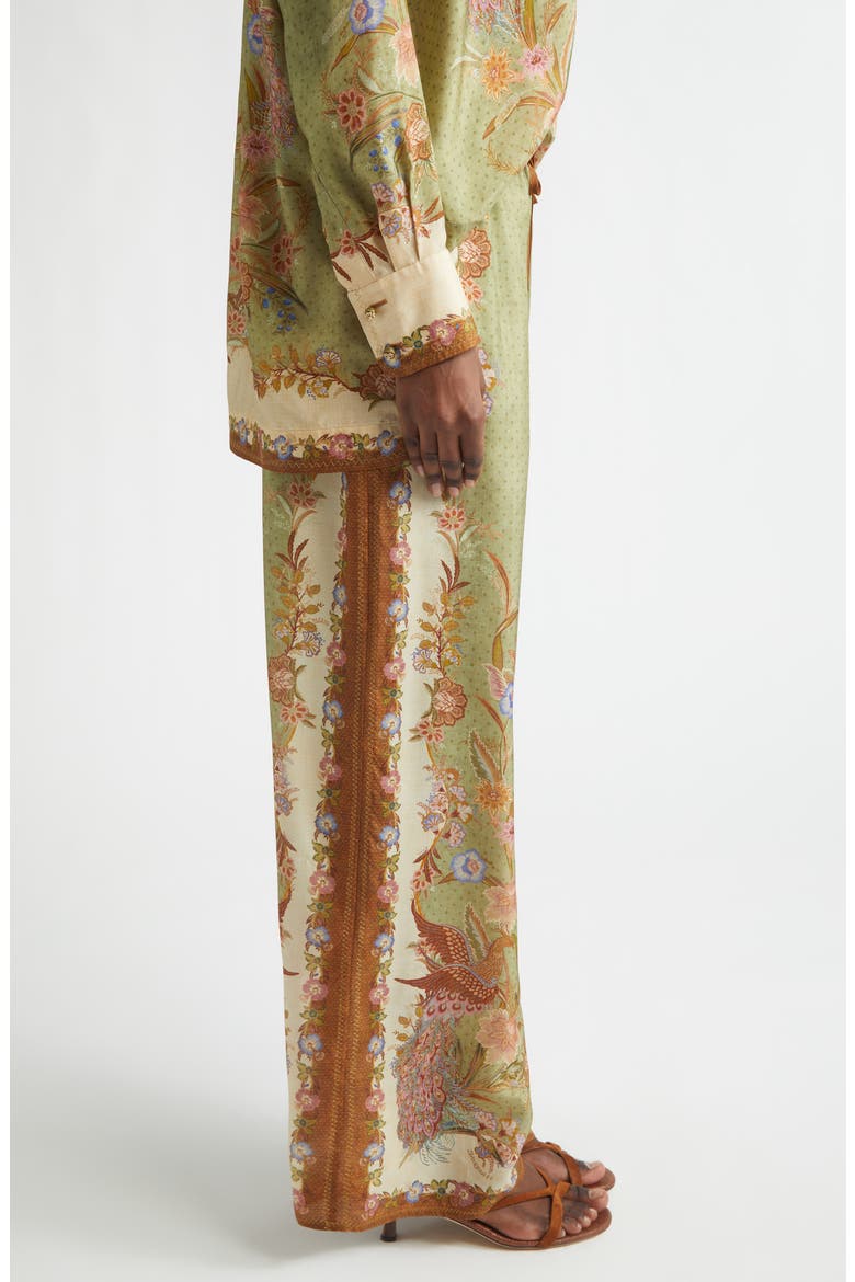 Indra Border Print Relaxed Silk Wide Leg Pants, Alternate, color, KHAKI SCARF FLORAL