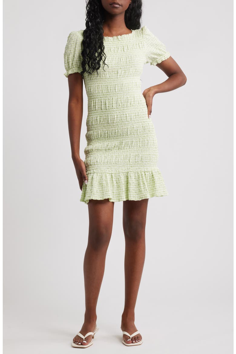 Shirred Gingham Stretch Cotton Blend Minidress, Main, color, GREEN