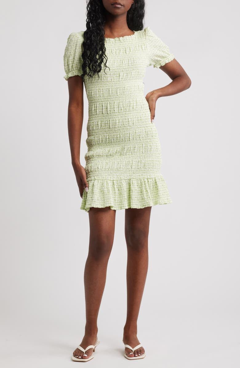 NEXT Shirred Gingham Stretch Cotton Blend Minidress, Main, color, Green