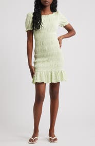 NEXT Shirred Gingham Stretch Cotton Blend Minidress