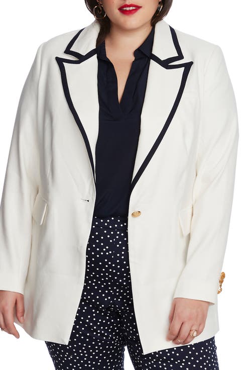Contrast Detail Linen Blend Blazer (Plus Size)