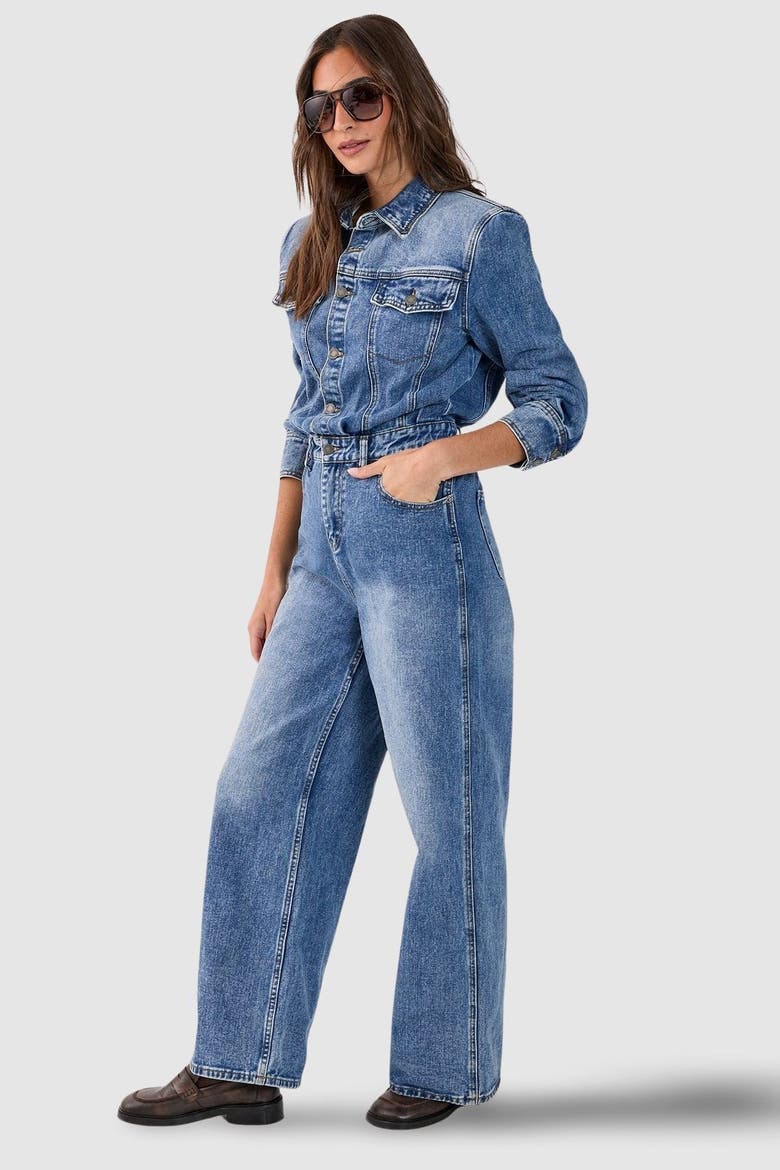 Denim Shoulder Pad Boilersuit, Alternate, color, Stonewash
