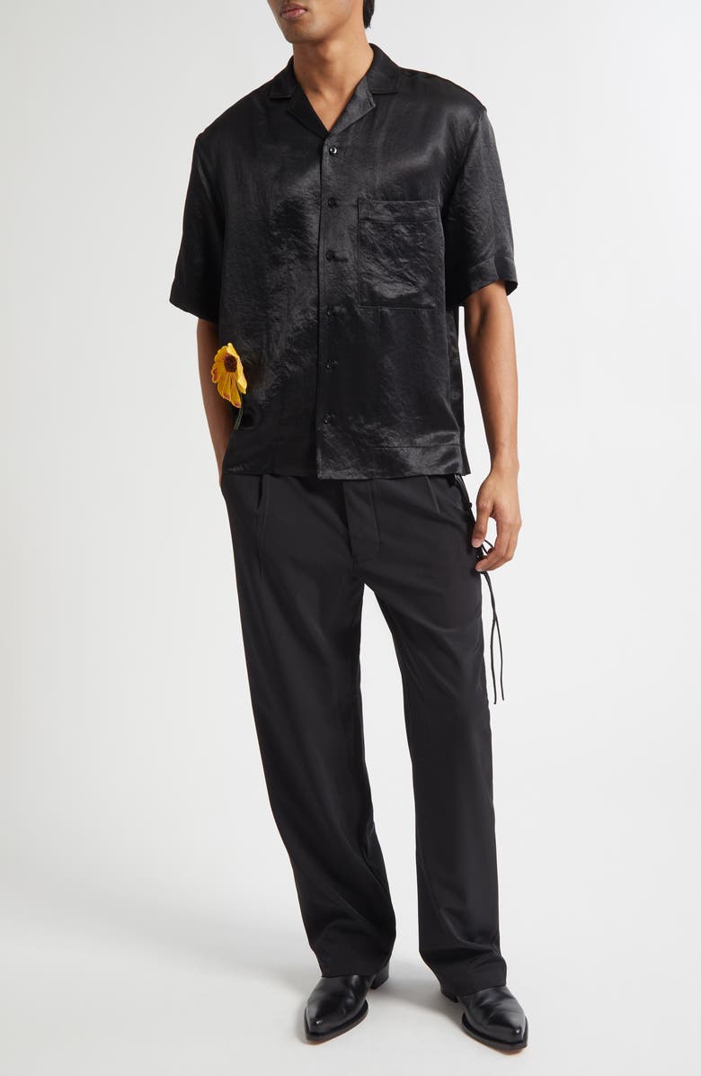 SONG FOR THE MUTE Boxy Embellished Flower Camp Shirt, Alternate, color, Black