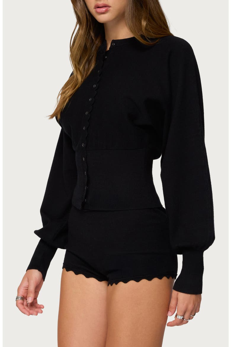 Maizy Puff Sleeve Scallop Detail Cardigan, Alternate, color, BLACK