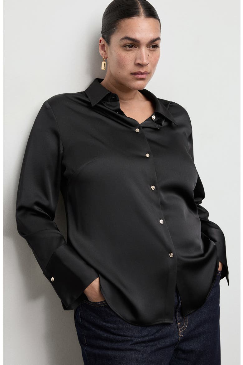 Flowy Satin Shirt, Alternate, color, BLACK