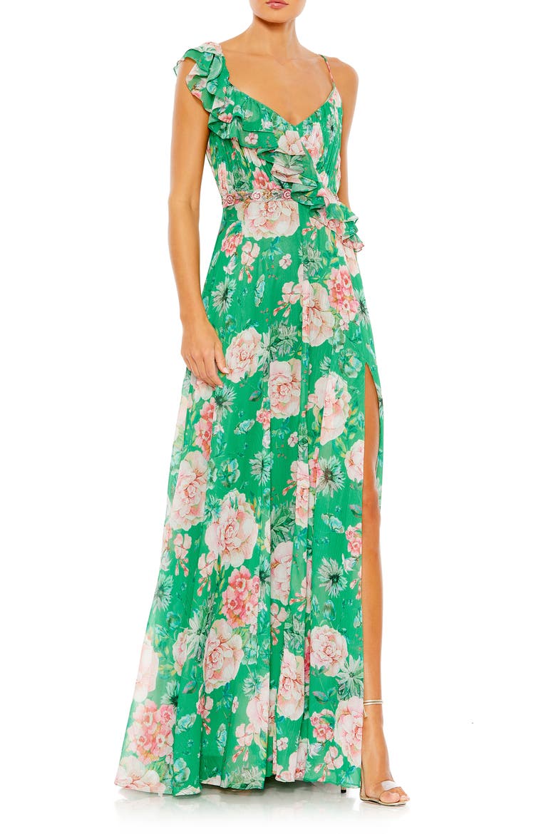 Floral Print Ruffled Wrap Over A Line Gown, Main, color, GREEN MULTI
