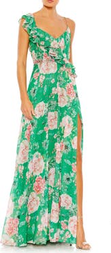 Mac Duggal Floral Print Ruffled Wrap Over A Line Gown