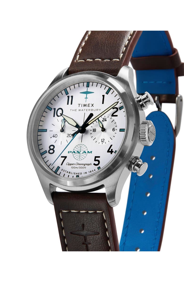Timex<sup>®</sup> x Pan Am<sup>®</sup> Waterbury Ace Chronograph Leather Strap Watch, 41mm, Alternate, color, Silver-Tone