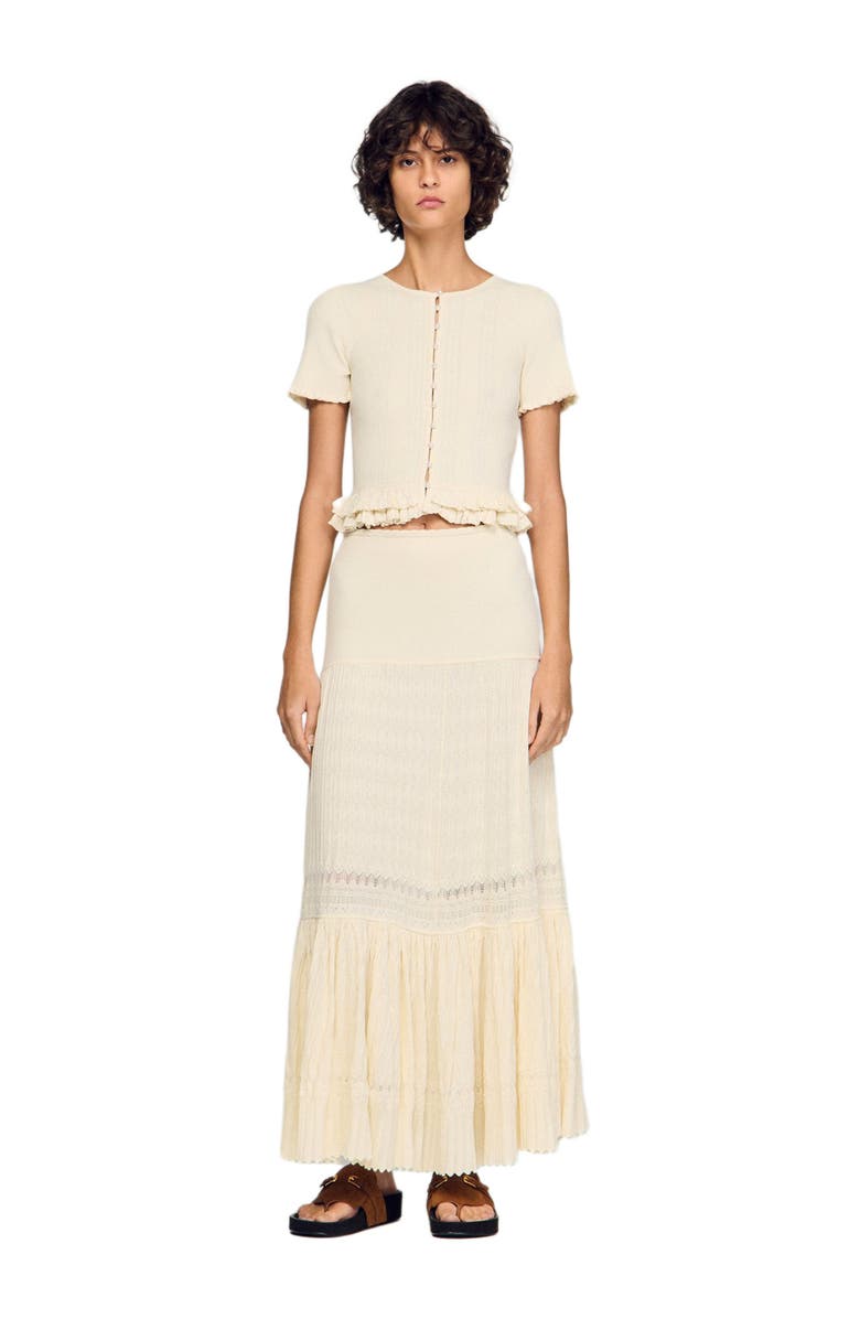 SANDRO Ruffled knit cardigan, Alternate, color, Ecru