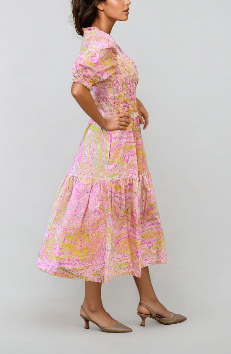Jessie Zhao New York Astrid Marble Smocked Midi Dress, Alternate, color, Pink