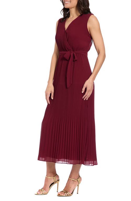 London Times Pleated Surplice Neck Midi Dress In Burgundy