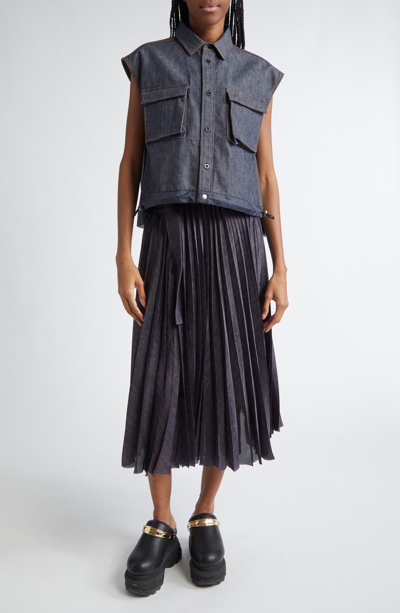 Sacai Pleated Back Mixed Media Denim Shirt, Alternate, color, 