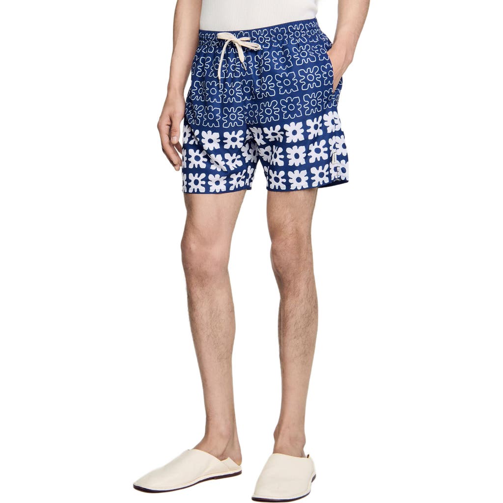 Sandro Mens Bleus Floral Graphic-print Straight-leg Swim Trunks In Midnight Blue