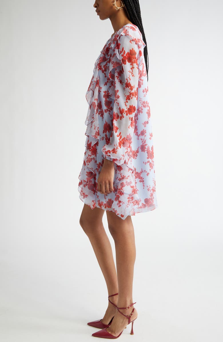 Carolina Herrera Floral Print Long Sleeve Tiered Ruffle Silk Chiffon Minidress, Alternate, color, Celeste Multi