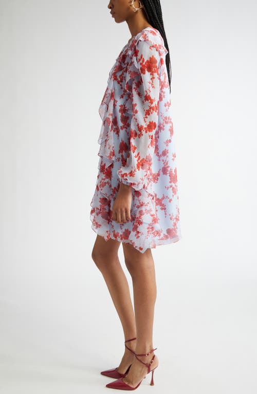 Carolina Herrera Floral Print Long Sleeve Tiered Ruffle Silk Chiffon Minidress In Celeste Multi
