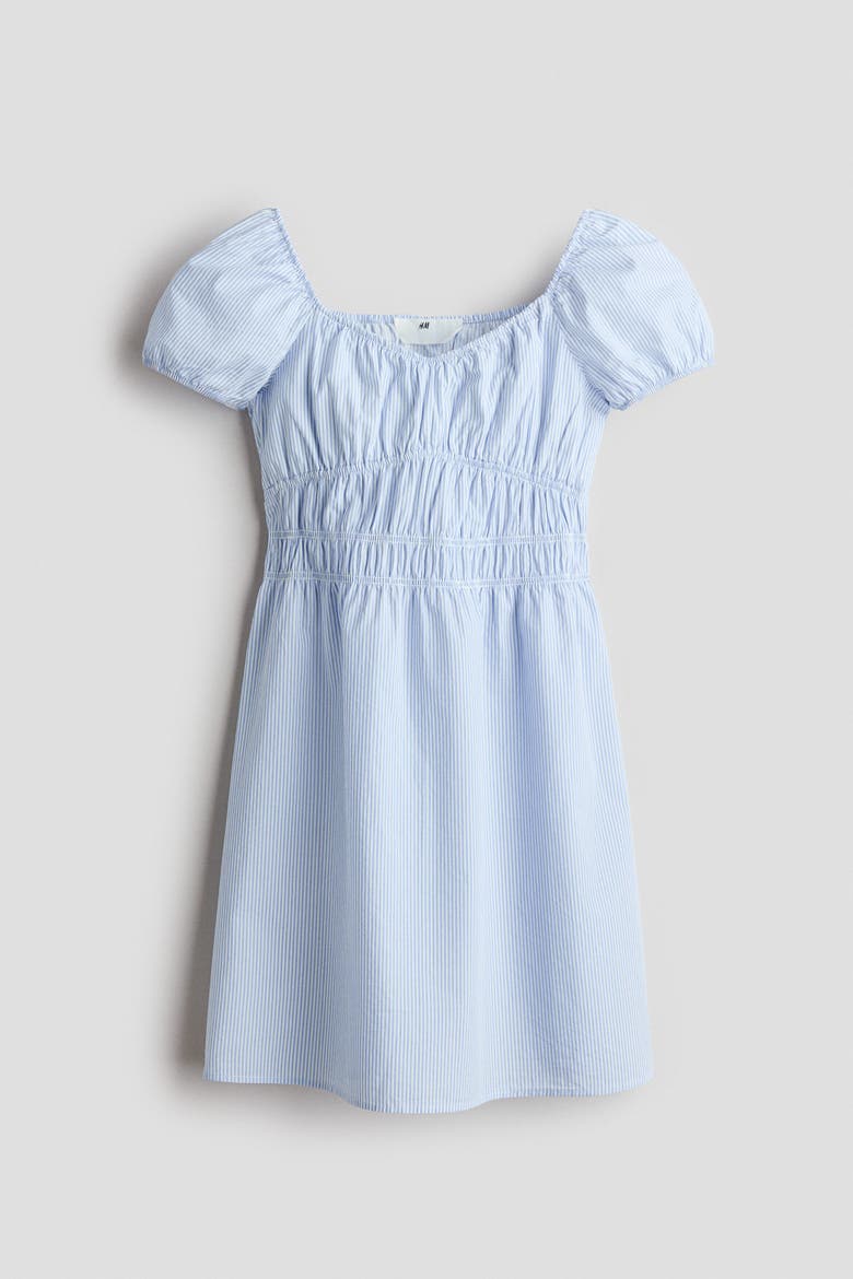 Puff-sleeved Cotton Dress, Alternate, color, Light blue/white striped
