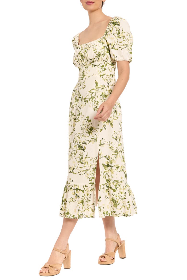 Floral Puff Sleeve Linen Blend Midi Dress, Alternate, color, IVORY/ DEEP OLIVE