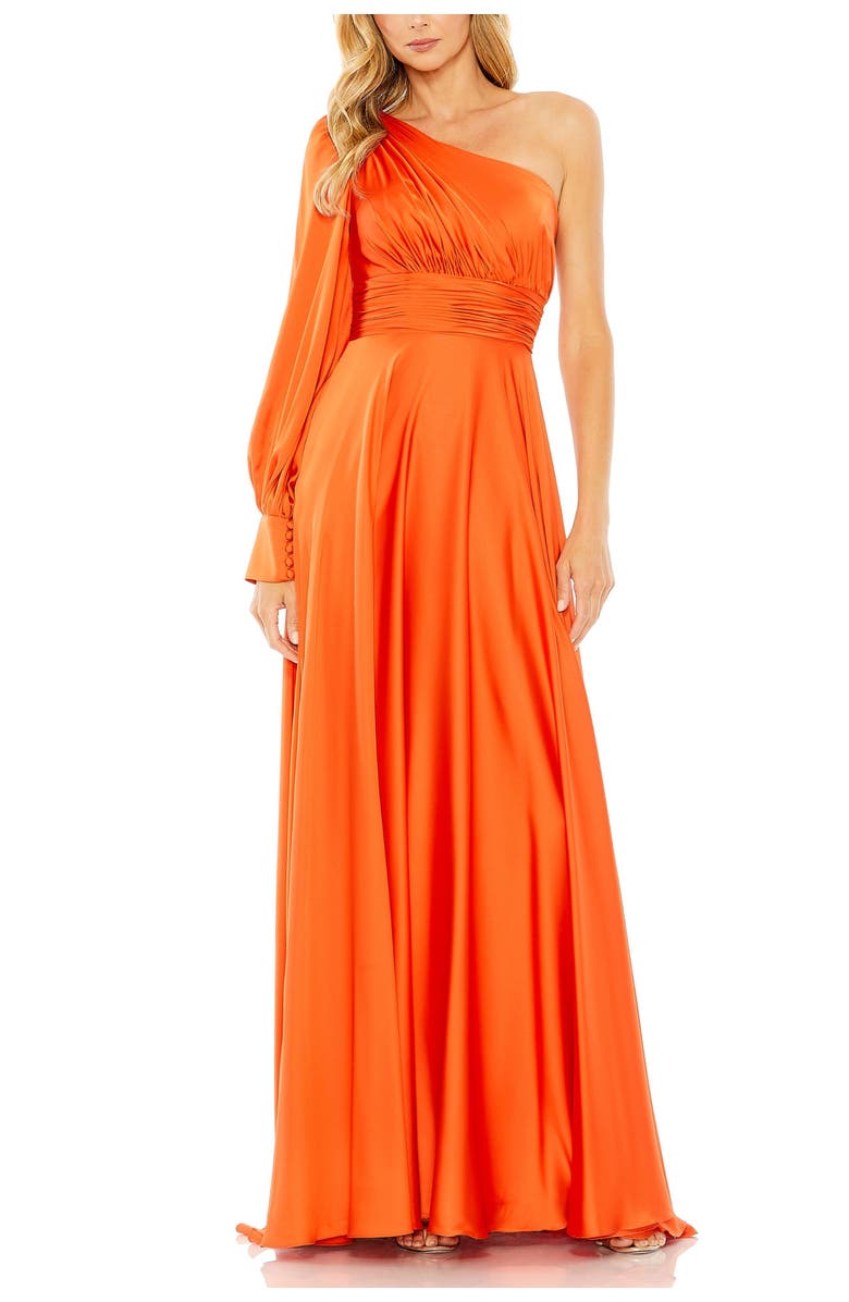 Mac Duggal One Shoulder Bishop Sleeve Flowy Gown, Main, color, Spice