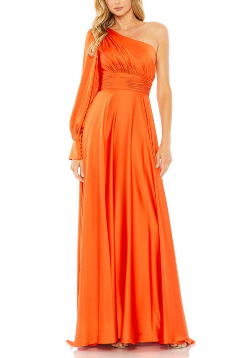 One Shoulder Bishop Sleeve Flowy Gown