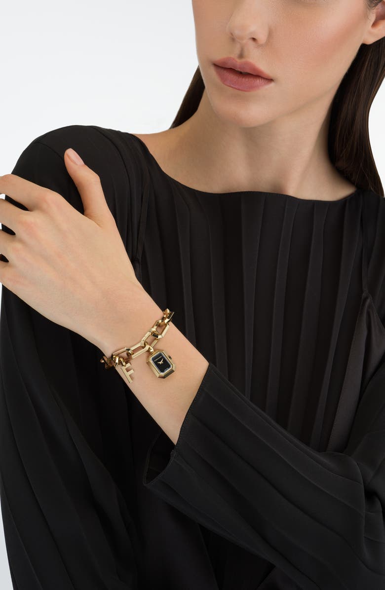 FERRAGAMO 'F' Charm Bracelet Watch, 16mm x 21mm, Alternate, color, Ip Yellow Gold