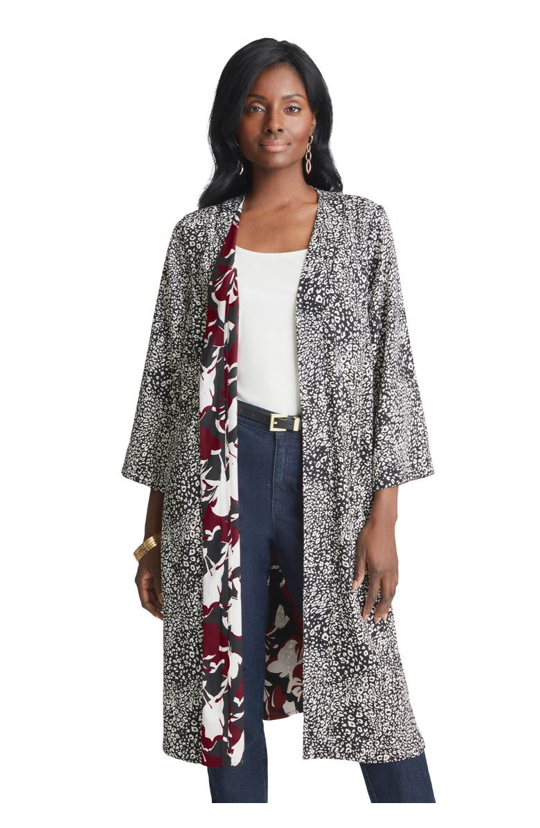 Jessica London Reversible Kimono Jacket, Main, color, Burgundy Floral Cheetah