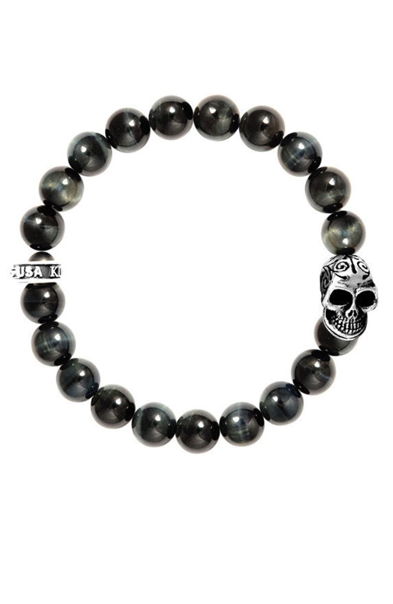 King Baby Studio 10mm Blue Tiger Eye Bracelet with Day of the Dead Skull, Main, color, Silver