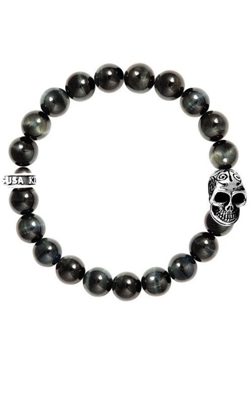 KING BABY STUDIO KING BABY STUDIO 10MM BLUE TIGER EYE BRACELET WITH DAY OF THE DEAD SKULL