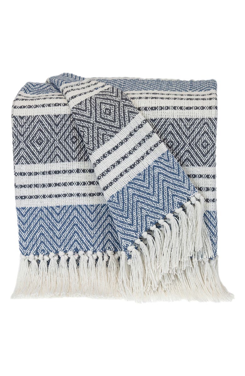 PARKLAND COLLECTION Kai Stripe Fringe Trim Throw Blanket, Main, color, Blue