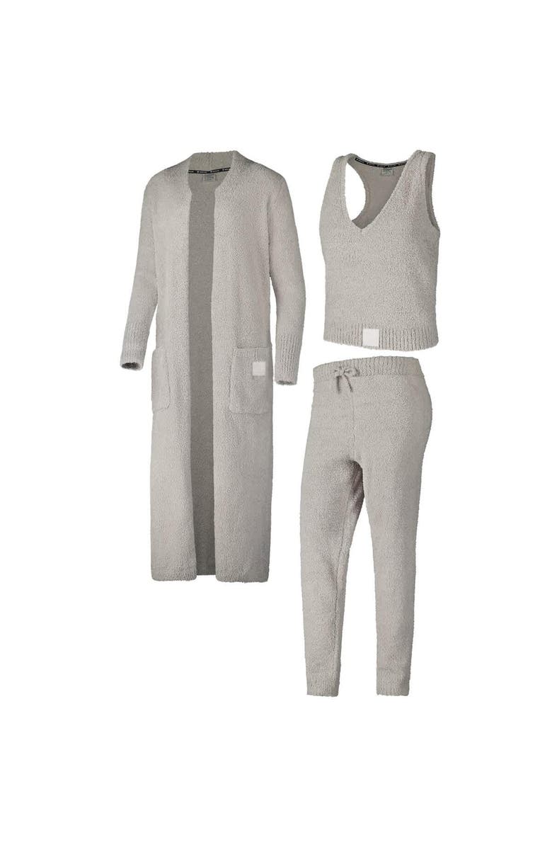 KADYLUXE Women's Tan Miami Hurricanes Three-Piece Fuzzy Knit Cropped Tank Top, Jogger Pants & Longline Cardigan Set, Alternate, color, 