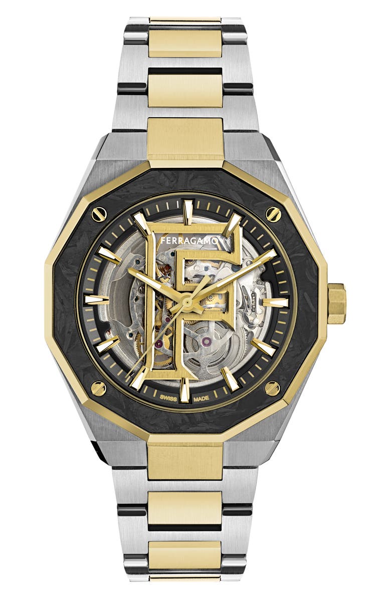 FERRAGAMO Edge Skeleton Automatic Bracelet Watch, 42mm, Main, color, Two Tone